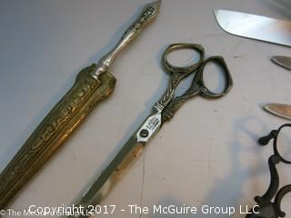 Collection including candle snuffer, German scissors, letter opener and sheath for letteropener/scissors 