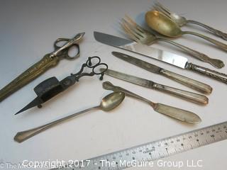 Collection including candle snuffer, German scissors, letter opener and sheath for letteropener/scissors 