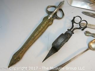 Collection including candle snuffer, German scissors, letter opener and sheath for letteropener/scissors 