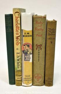 Group of Vintage Children's Books Including Charlotte's Web, Mollly Make Believe, Ruby & Ruthy, Hardy Boys & Not a Bathing Suit in Russia By Will Rogers. 