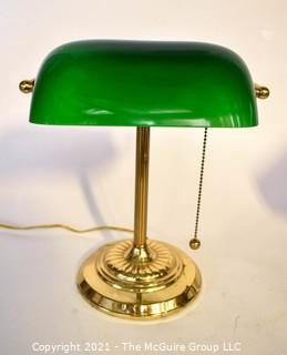 Solid Brass Bankers Style Lamp with Green Glass Shade. 