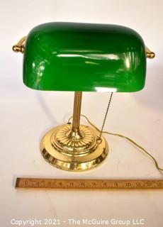 Solid Brass Bankers Style Lamp with Green Glass Shade. 