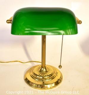 Solid Brass Bankers Style Lamp with Green Glass Shade. 