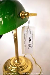 Solid Brass Bankers Style Lamp with Green Glass Shade. 