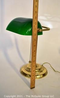 Solid Brass Bankers Style Lamp with Green Glass Shade. 