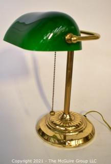 Solid Brass Bankers Style Lamp with Green Glass Shade. 