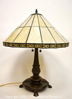 Tiffany Style Table Lamp With Mission Design Art Stained Glass Shade.