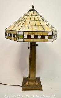 Tiffany Style Table Lamp With Mission Design Art Glass Shade. *  