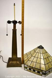 Tiffany Style Table Lamp With Mission Design Art Glass Shade. *  