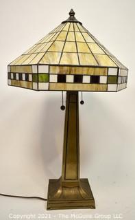 Tiffany Style Table Lamp With Mission Design Art Glass Shade. *  