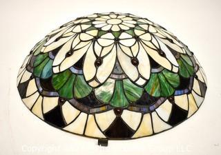 Tiffany Style Ceiling Mount Stained Glass Chandelier Shade.  Missing Light Fixture and Mounting Brackets.   Measures 18" in diameter and 5" deep. 