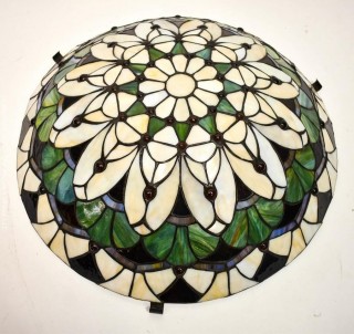 Tiffany Style Ceiling Mount Stained Glass Chandelier Shade.  Missing Light Fixture and Mounting Brackets.   Measures 18" in diameter and 5" deep. 