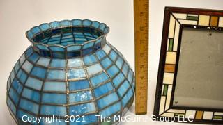 Vintage Blue Leaded Glass Tile Lamp Shade and Stained Glass Picture Frame. 