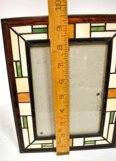 Vintage Blue Leaded Glass Tile Lamp Shade and Stained Glass Picture Frame. 