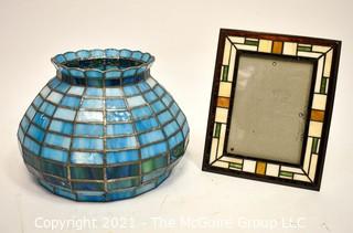 Vintage Blue Leaded Glass Tile Lamp Shade and Stained Glass Picture Frame. 