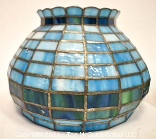 Vintage Blue Leaded Glass Tile Lamp Shade and Stained Glass Picture Frame. 