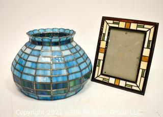 Vintage Blue Leaded Glass Tile Lamp Shade and Stained Glass Picture Frame. 