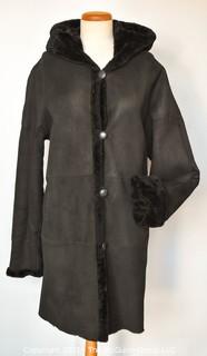 Vintage Black Shearling Coat with Hood. 
