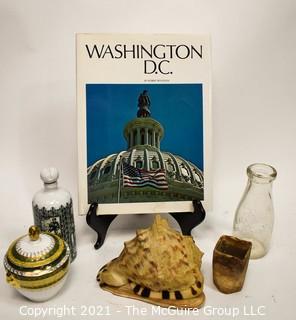 Conche Shell, Washington DC Book, Milk Bottle and Two Porcelain Dishes. 