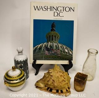 Conche Shell, Washington DC Book, Milk Bottle and Two Porcelain Dishes. 