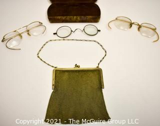 Vintage Whiting and Davis Gold Tone Mesh Handbag and Three Pair of Eye Glasses or Spectacles.  Two are Gold Filled. 