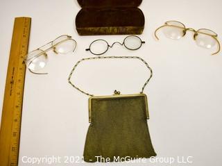 Vintage Whiting and Davis Gold Tone Mesh Handbag and Three Pair of Eye Glasses or Spectacles.  Two are Gold Filled. 