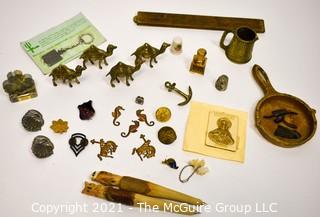 Group of Junk Drawer Items Including Brass Camels, Military Pens, Key Chains, Ashtray, Carved Wood Pens Etc. 