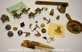 Group of Junk Drawer Items Including Brass Camels, Military Pens, Key Chains, Ashtray, Carved Wood Pens Etc. 