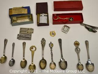 Group of Collectors Souvenir Spoons, B-D Yale Hypodermic Needles in Box, Ligher in Box and Key Chain.