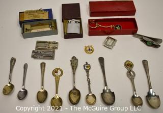 Group of Collectors Souvenir Spoons, B-D Yale Hypodermic Needles in Box, Ligher in Box and Key Chain.