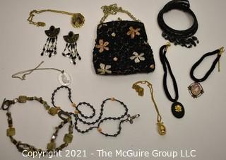 Group of Vintage Jewelry Including Ladies Necklaces, Rosary and Beaded Handbag.  