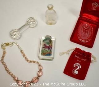 Group of Crystal Items Including Cut Crystal Knife Rest, Reverse Painted Snuff Jar, Crystal Bead Necklace & Waterford Crystal Christmas Ornament in Box.