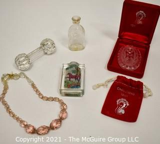 Group of Crystal Items Including Cut Crystal Knife Rest, Reverse Painted Snuff Jar, Crystal Bead Necklace & Waterford Crystal Christmas Ornament in Box.