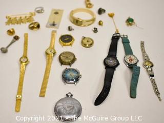 Group of Vintage Jewelry Including Watches and Pins.