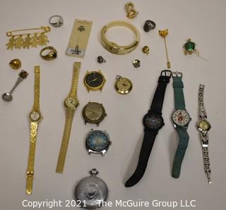 Group of Vintage Jewelry Including Watches and Pins.