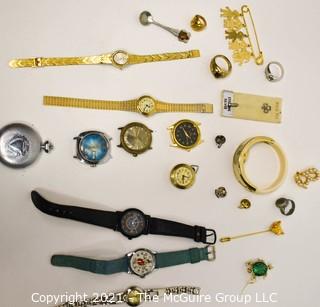 Group of Vintage Jewelry Including Watches and Pins.