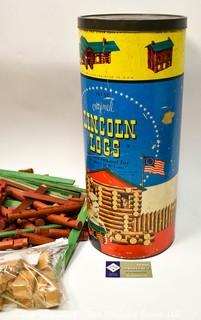 Original Wooden Lincoln Logs Toy in Storage Tin.
