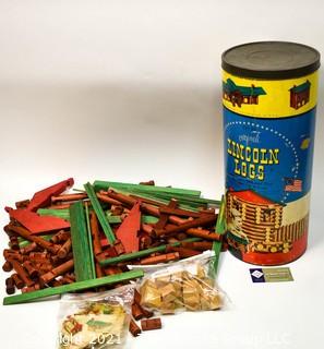 Original Wooden Lincoln Logs Toy in Storage Tin.
