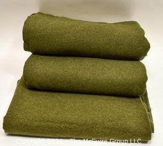 Three (3) Vintage US Army Military Green Wool Blankets with "U.S." Official Stamp. ~ 66 x 84" *