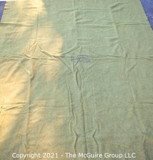 Three (3) Vintage US Army Military Green Wool Blankets with "U.S." Official Stamp. ~ 66 x 84" *