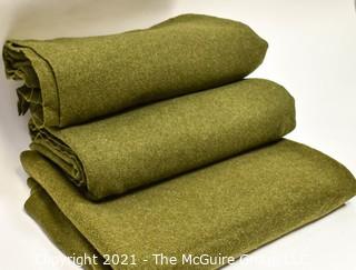 Three (3) Vintage US Army Military Green Wool Blankets with "U.S." Official Stamp. ~ 66 x 84" *