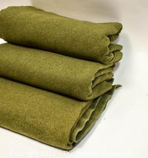 Three (3) Vintage US Army Military Green Wool Blankets with "U.S." Official Stamp. ~ 66 x 84" *