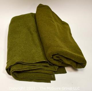 Two (2) Vintage US Army Military Green Wool Blankets with "U.S." Official Stamp. Slightly different sizes.