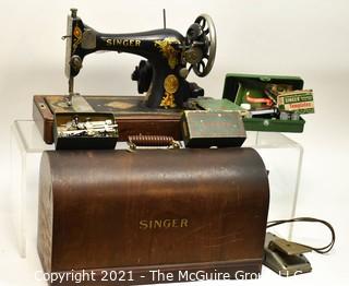 1930's Singer Sewing Machine In Domed Wooden Case with Attachments. *