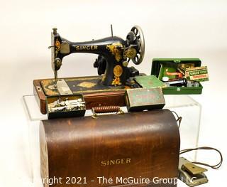 1930's Singer Sewing Machine In Domed Wooden Case with Attachments. *