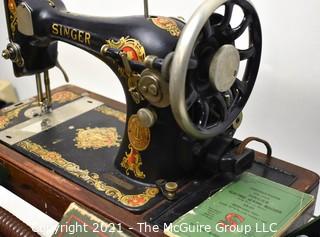 1930's Singer Sewing Machine In Domed Wooden Case with Attachments. *