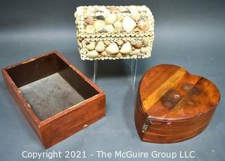 Three (3) Vintage Boxes Including Heart Shaped, Tray and Shell Encrusted Trunk. 