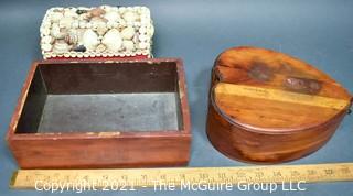 Three (3) Vintage Boxes Including Heart Shaped, Tray and Shell Encrusted Trunk. 