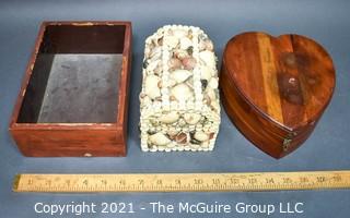 Three (3) Vintage Boxes Including Heart Shaped, Tray and Shell Encrusted Trunk. 