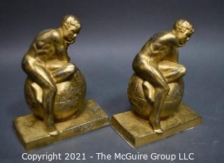 Two (2) Vintage Atlas Thinkers on World Globe Bronze Bookends